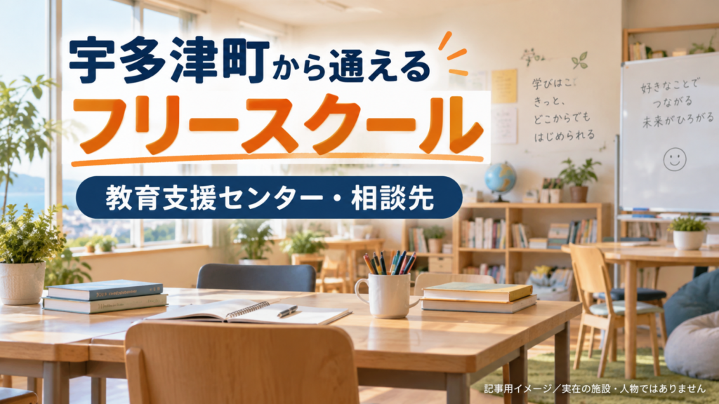 宇多津町から通えるフリースクールを示す文字入り記事用サムネイル（実在の施設・人物ではありません）