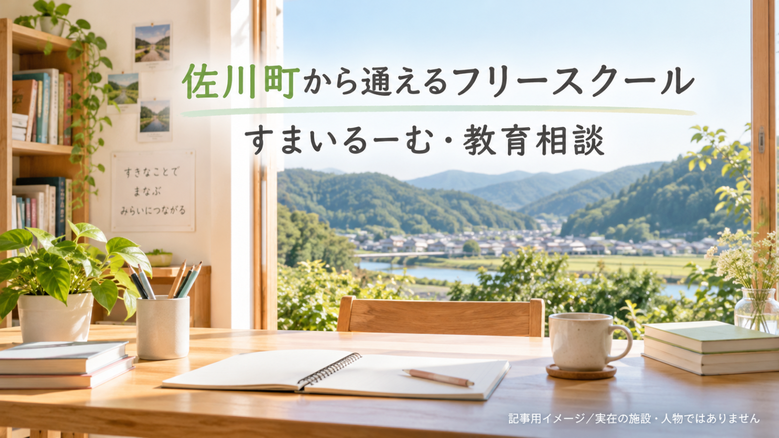 佐川町から通えるフリースクールを示す文字入り記事用サムネイル（実在の施設・人物ではありません）