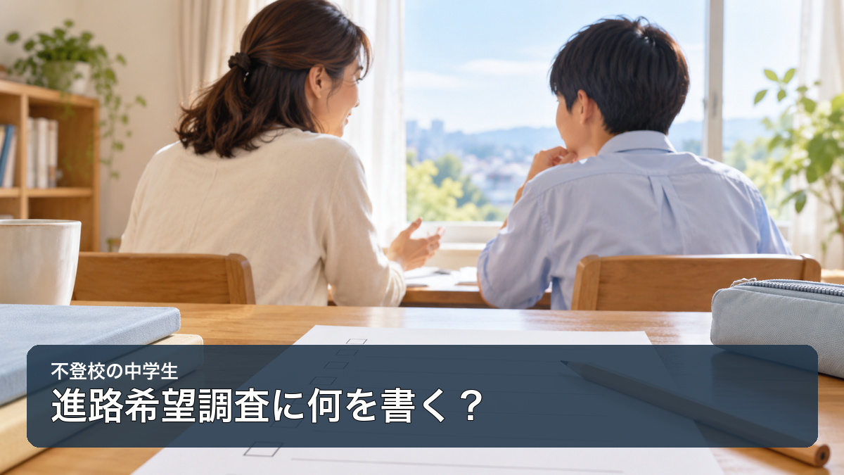 進路希望調査の用紙を前に、保護者と中学生が落ち着いて話し合う様子