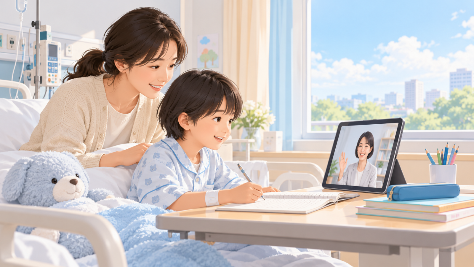 入院中の子どもが保護者のそばでタブレットとノートを使って学ぶ様子を描いたイラスト。実在の施設・人物ではありません。