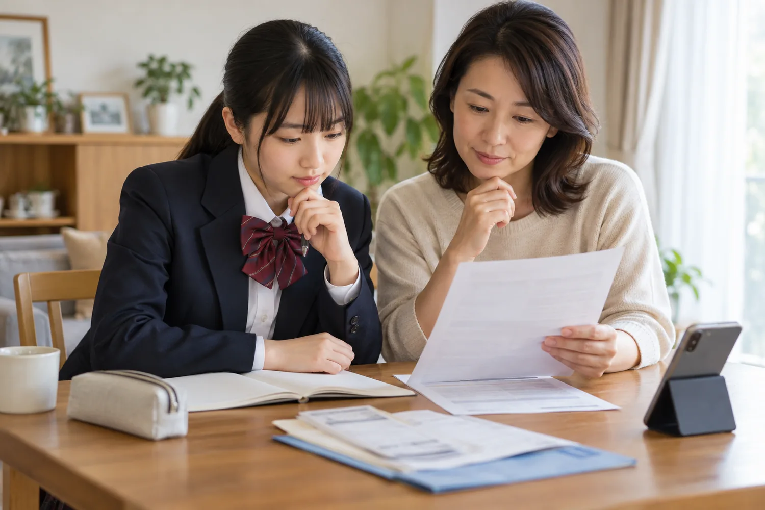 保護者と高校生が自宅で学校からの書類を一緒に確認するイメージ