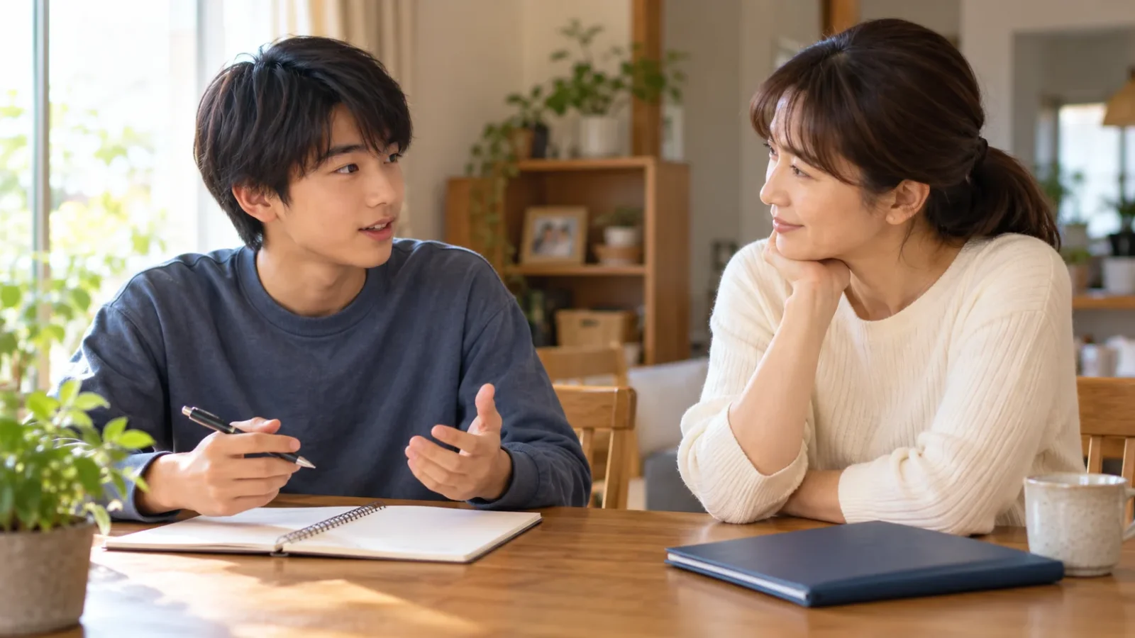 進路や休学について予定表を見ながら話す高校生と保護者