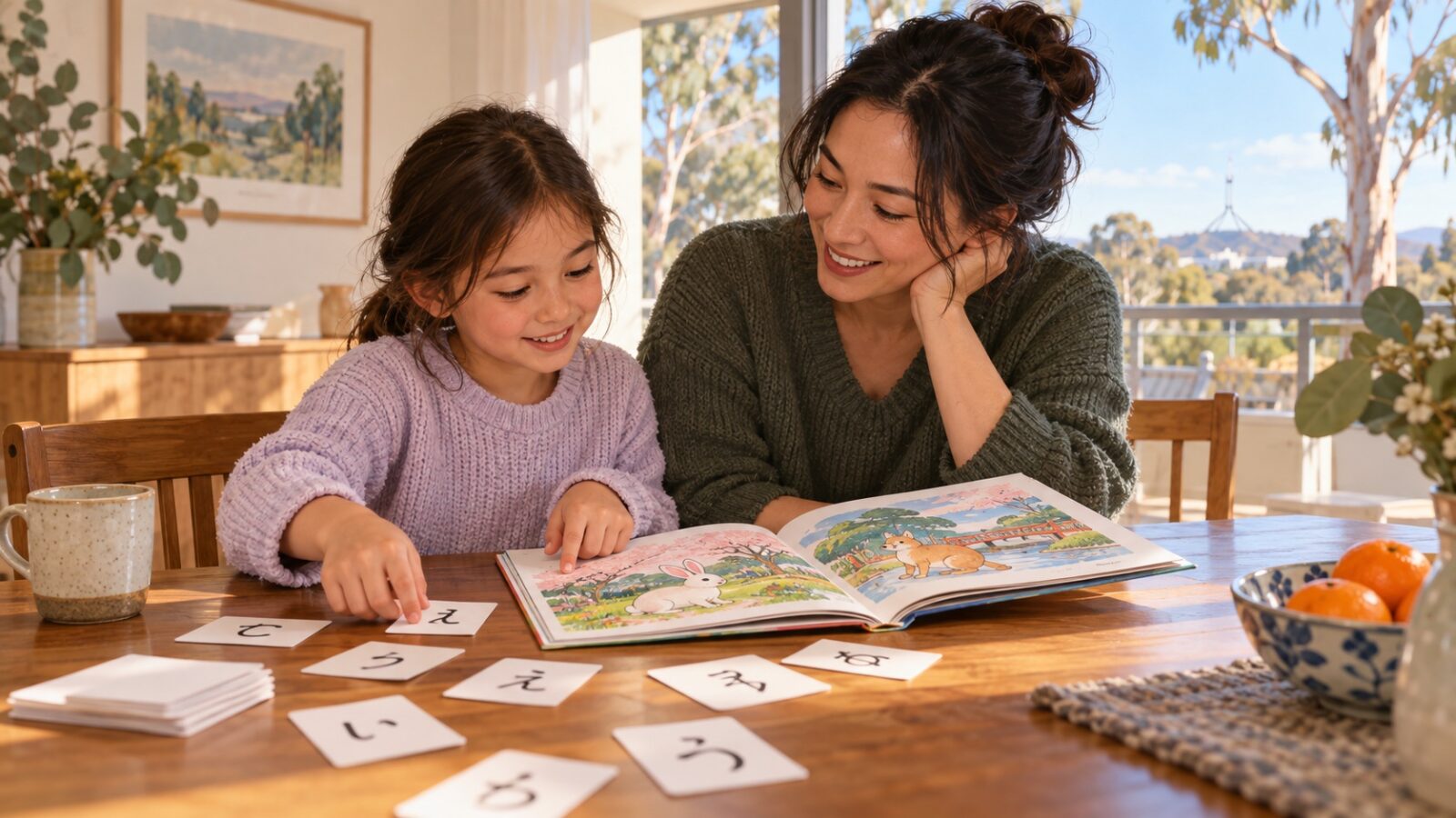 キャンベラの家庭で子どもと保護者が日本語の絵本を読むイメージ