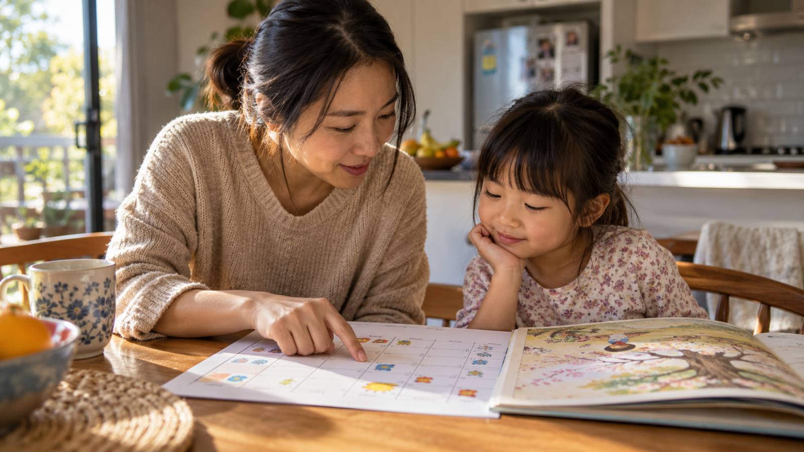 親子で日本語の本と一週間の予定を確認するイメージ画像