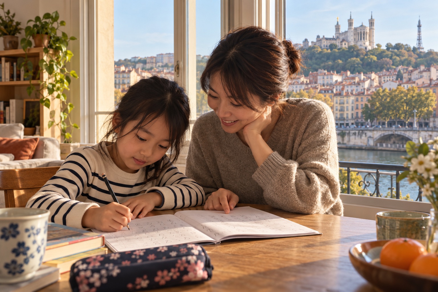 リヨンの街並みを窓から眺めながら親子で日本語を学ぶイメージ