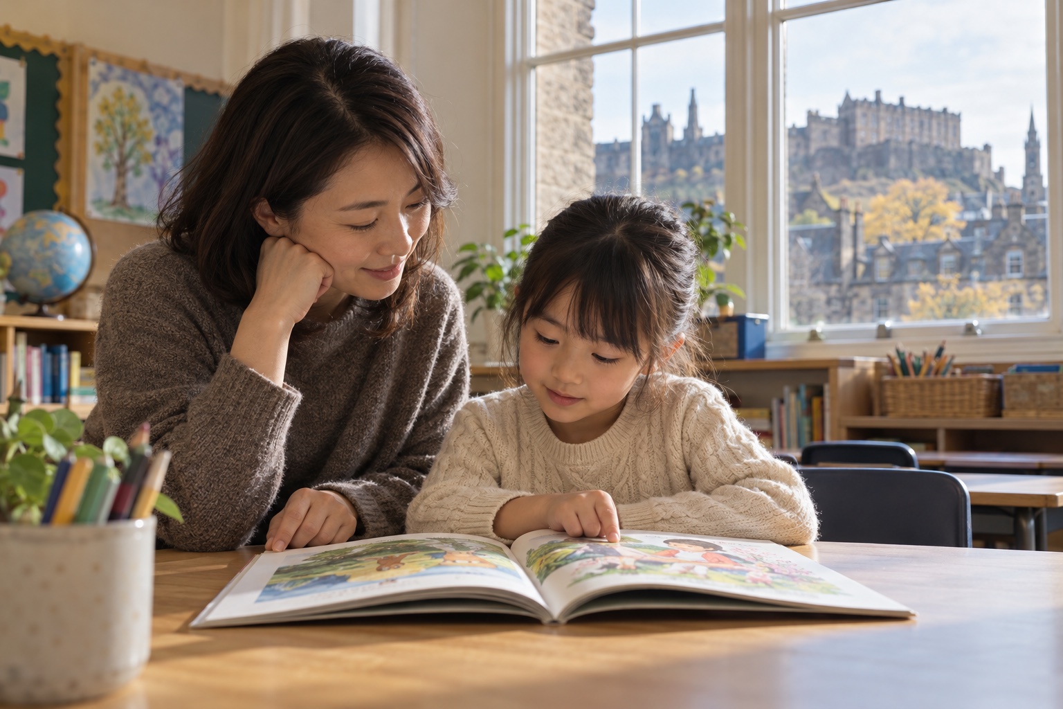 エディンバラを背景に日本語の絵本を親子で読むイメージ