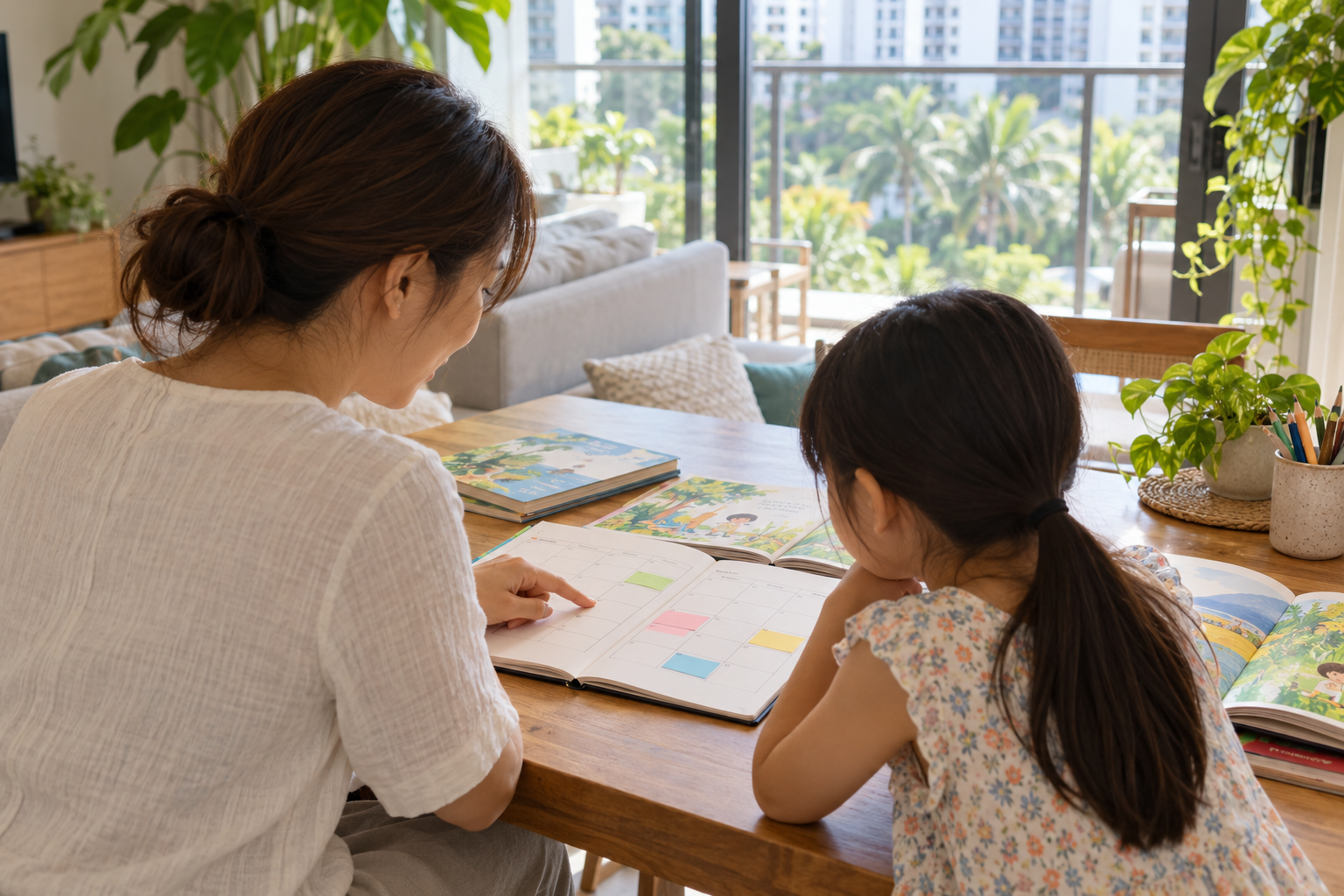 親子で一週間の日本語学習予定を相談するイメージ画像