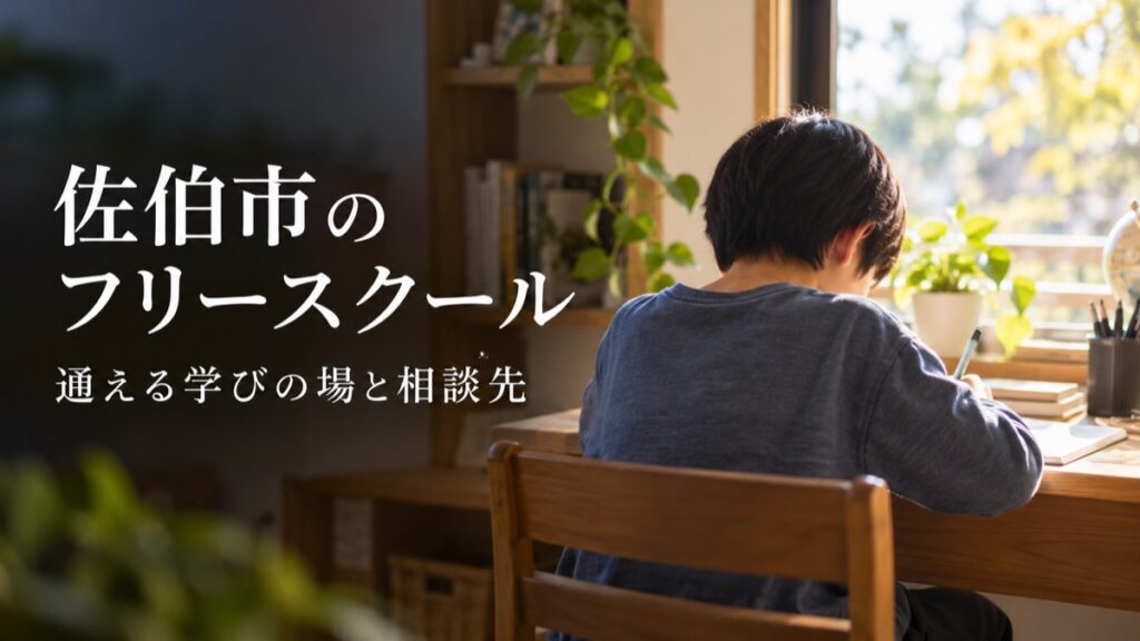 後ろ姿の子どもが机に向かう様子を背景に、佐伯市のフリースクールと通える学びの場を紹介する記事のアイキャッチ。