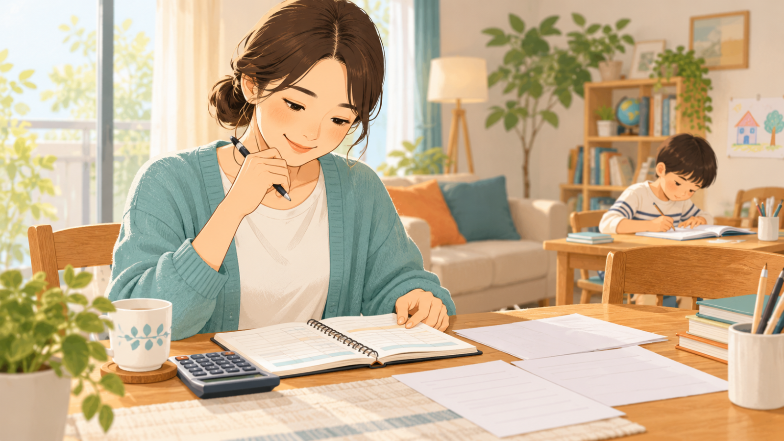 家計の支出を整理する保護者と自宅で学ぶ子どものイメージ