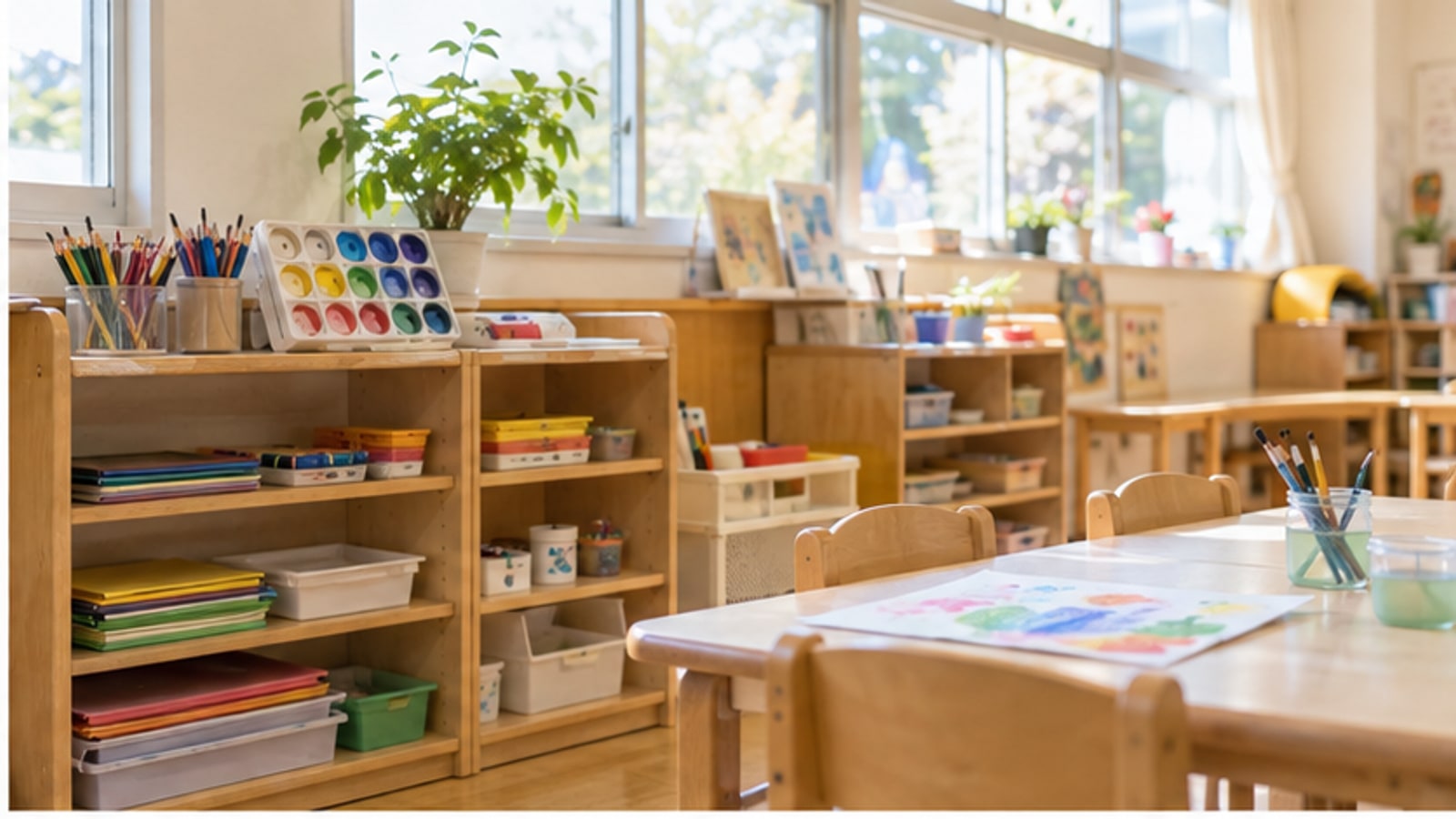 自然光が入る幼児向けの制作コーナー