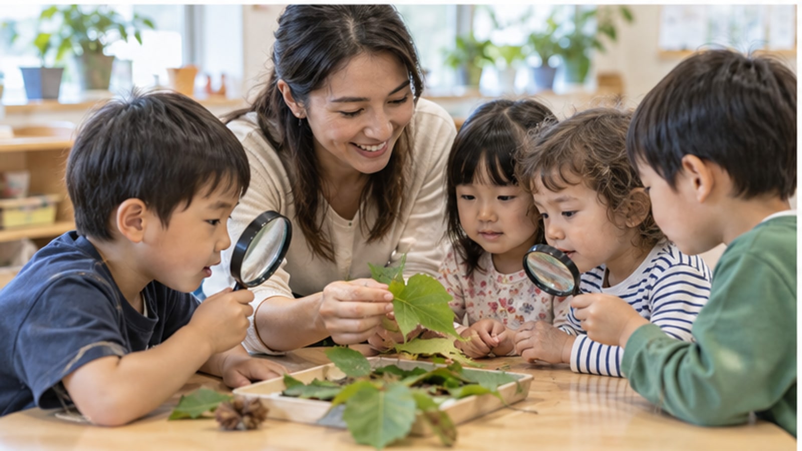 先生と子どもが葉を観察する探究活動