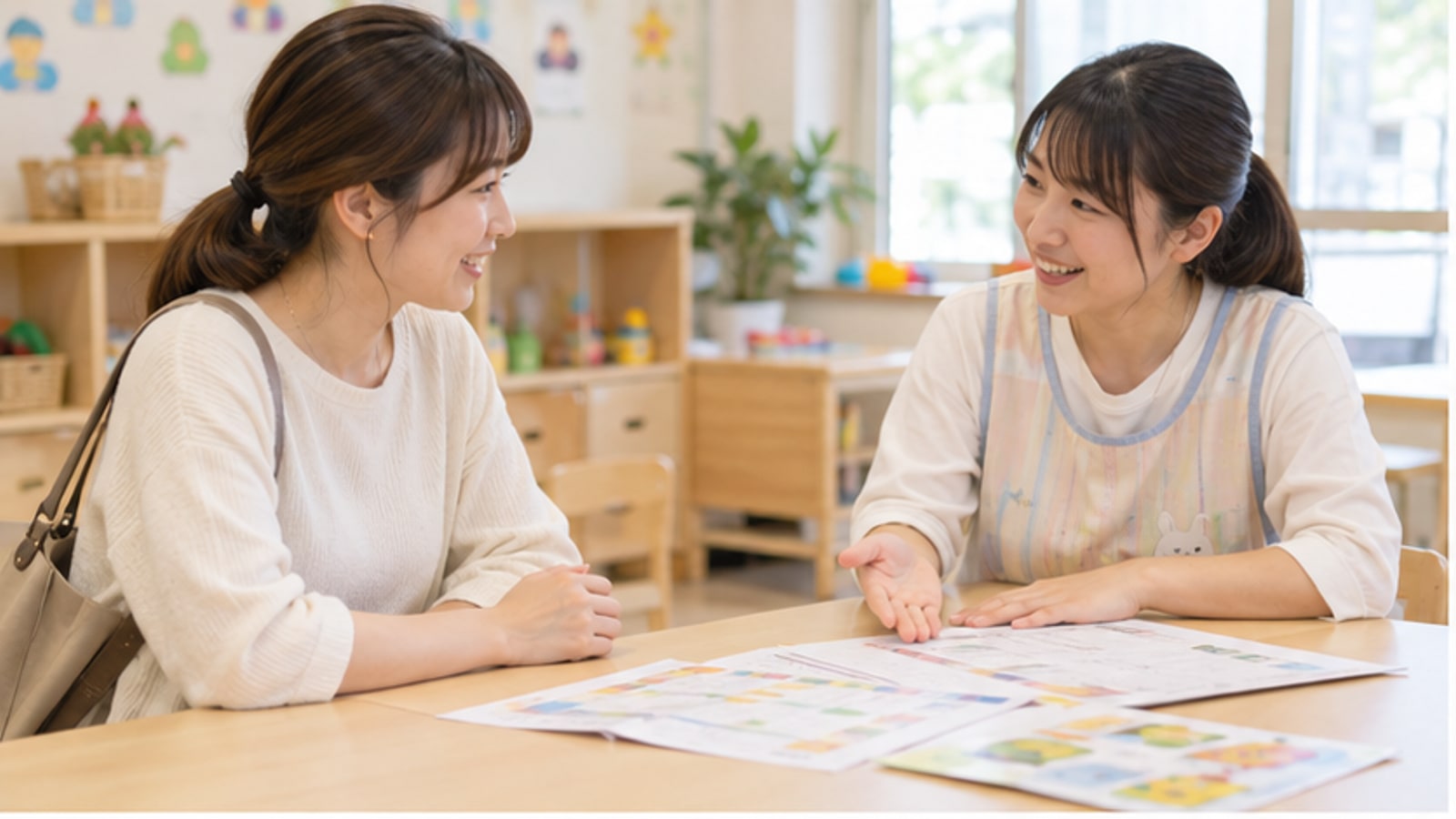保護者と保育スタッフが利用時間を相談する様子