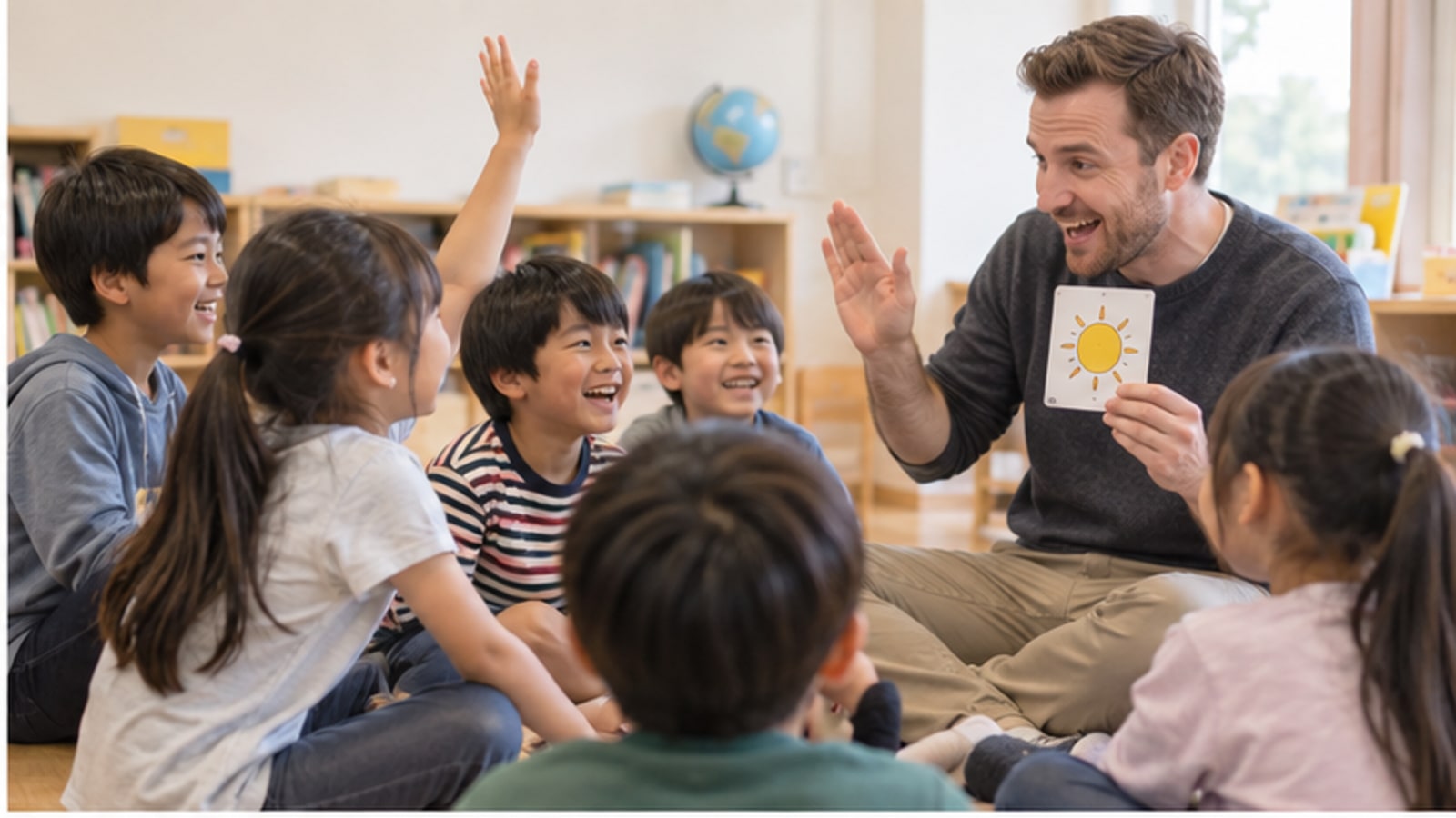 英語の活動を楽しむ小学生と先生