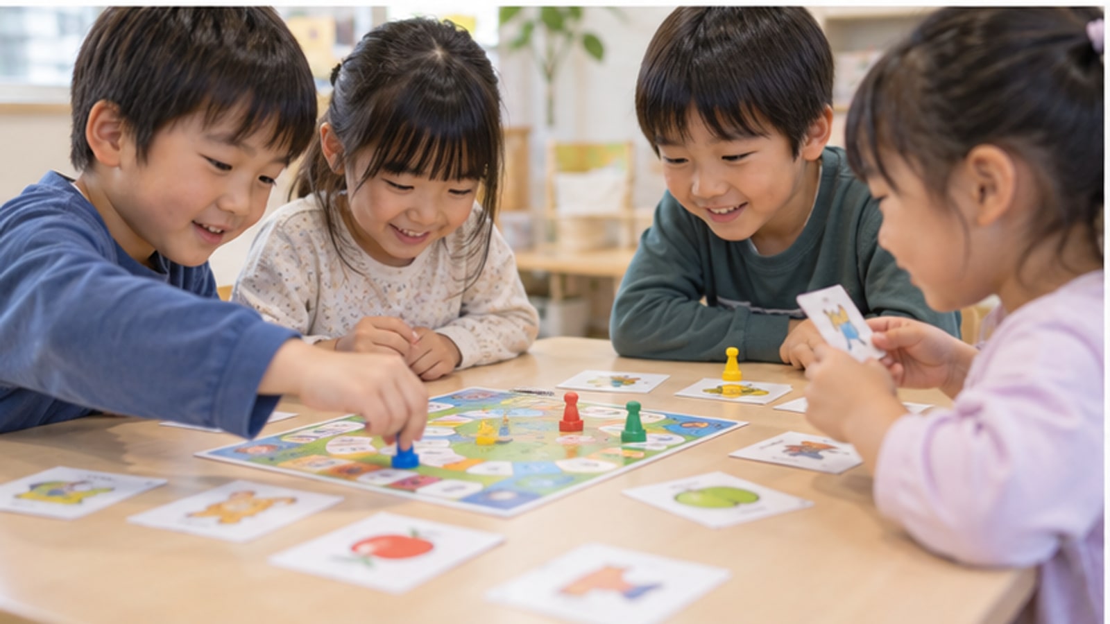 英語カードゲームを囲む子どもたち