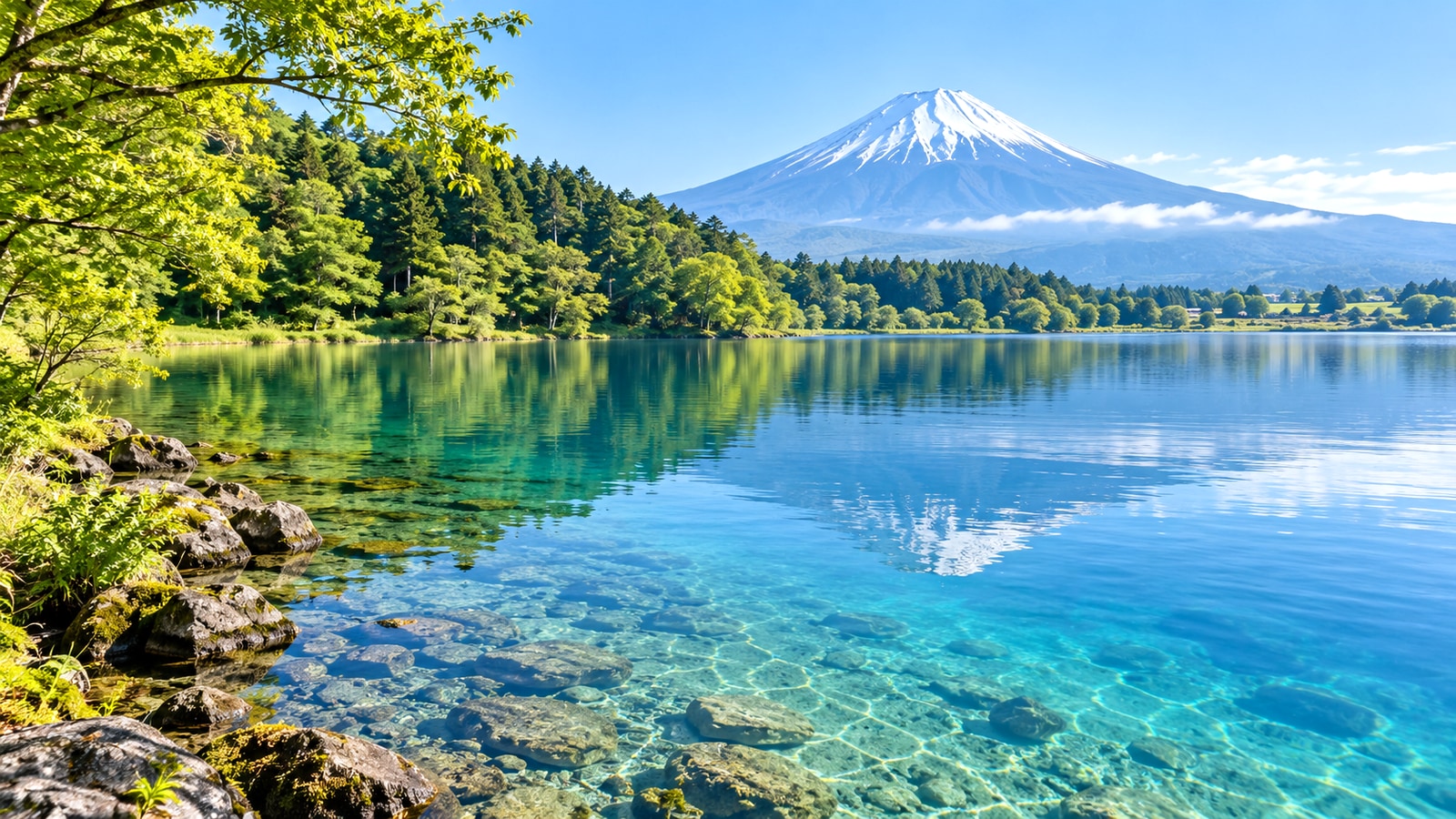 田貫湖の水面と富士山を望む富士宮の明るい景色