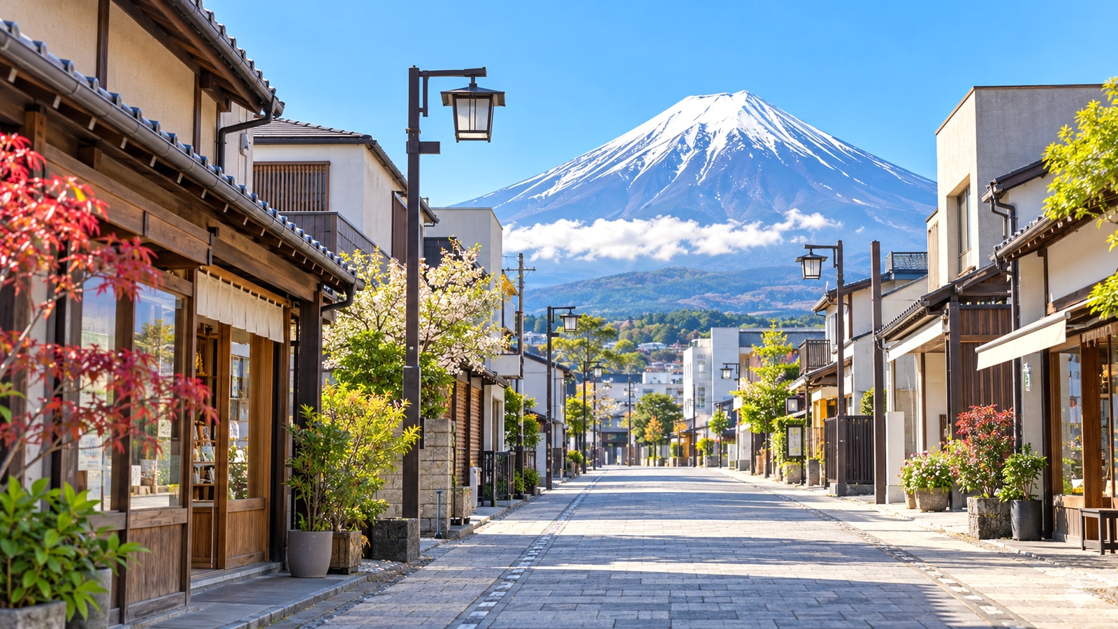 富士山を背景にした富士宮市中心部の街並みイメージ