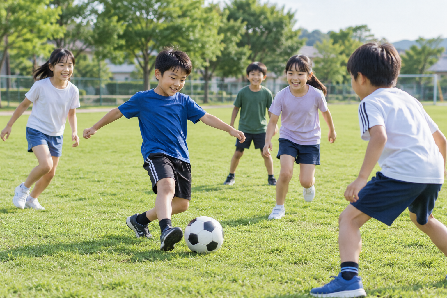 屋外でボール遊びをする日本人の小学生たちの生成イメージ。富士吉田市の実際のクラブ活動や参加者を撮影した写真ではありません。