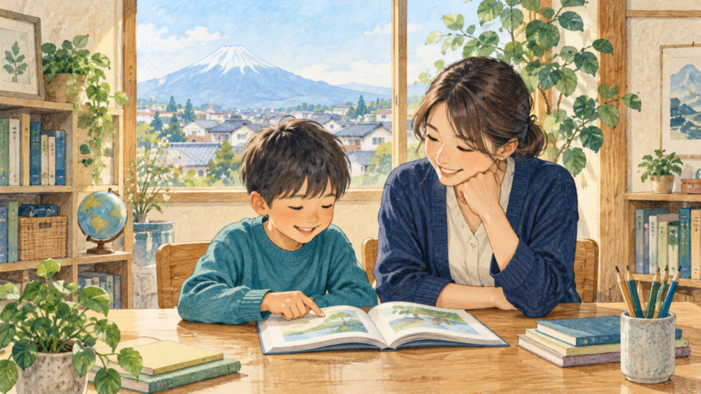 富士山を望む窓辺で子どもが先生と本を読むイメージ