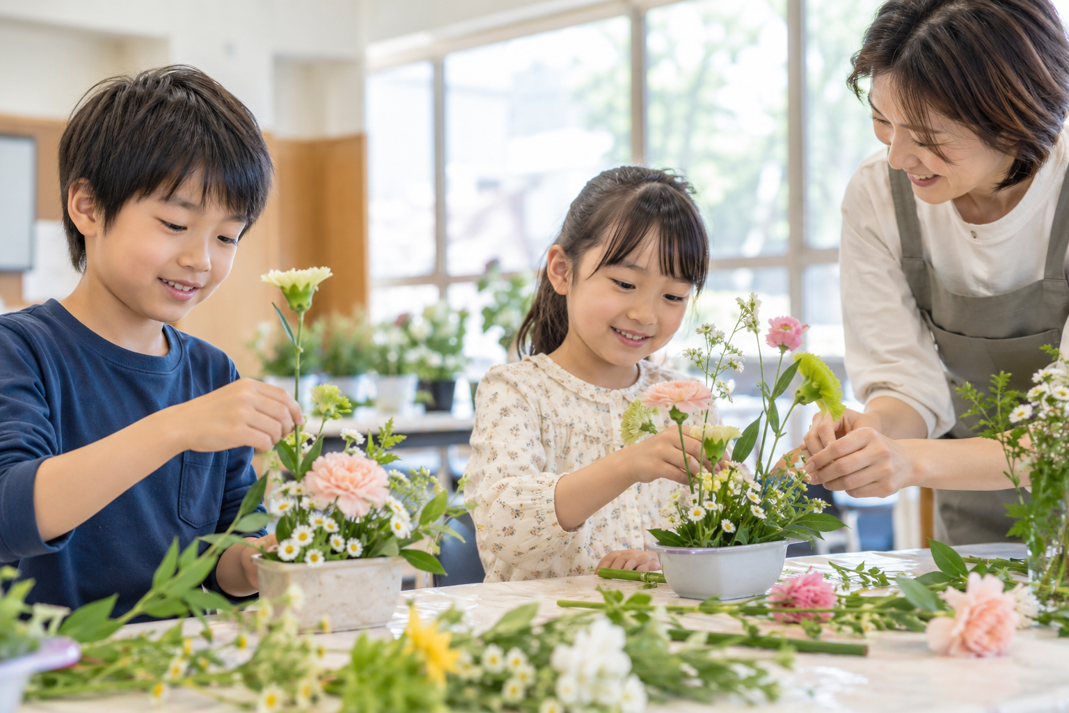花を生ける活動に参加する笑顔の日本人の子どもたちを描いた記事用生成イメージ。袋井市のいけばな教室や実際の参加者の写真ではありません。