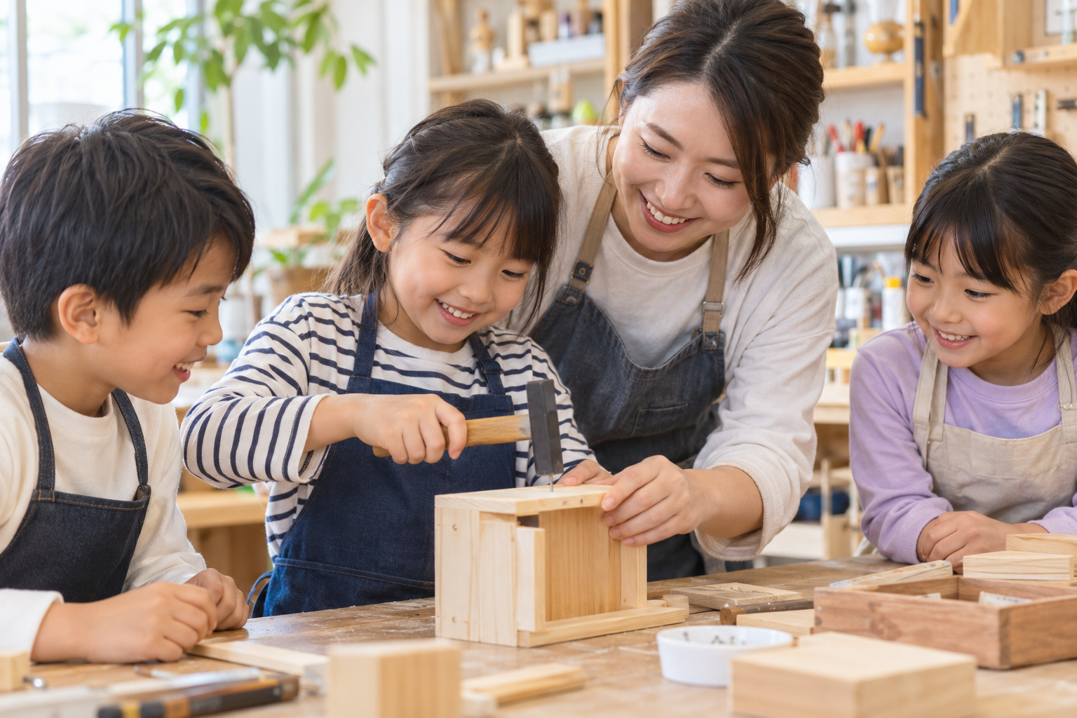 工作道具を使う笑顔の日本人の子どもたちを描いた記事用生成イメージ。袋井市のおしごと体験や実際の事業所・参加者を撮影したものではありません。