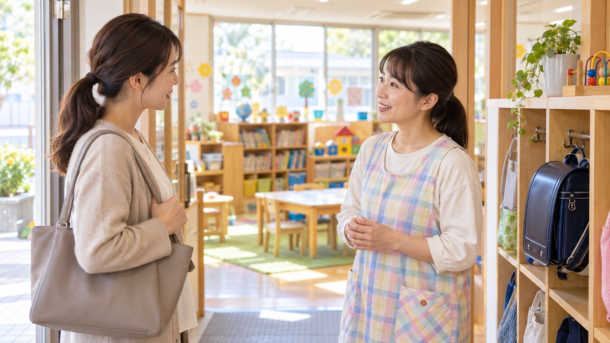 学童保育の利用について保護者が施設職員に相談する場面を描いたイラスト