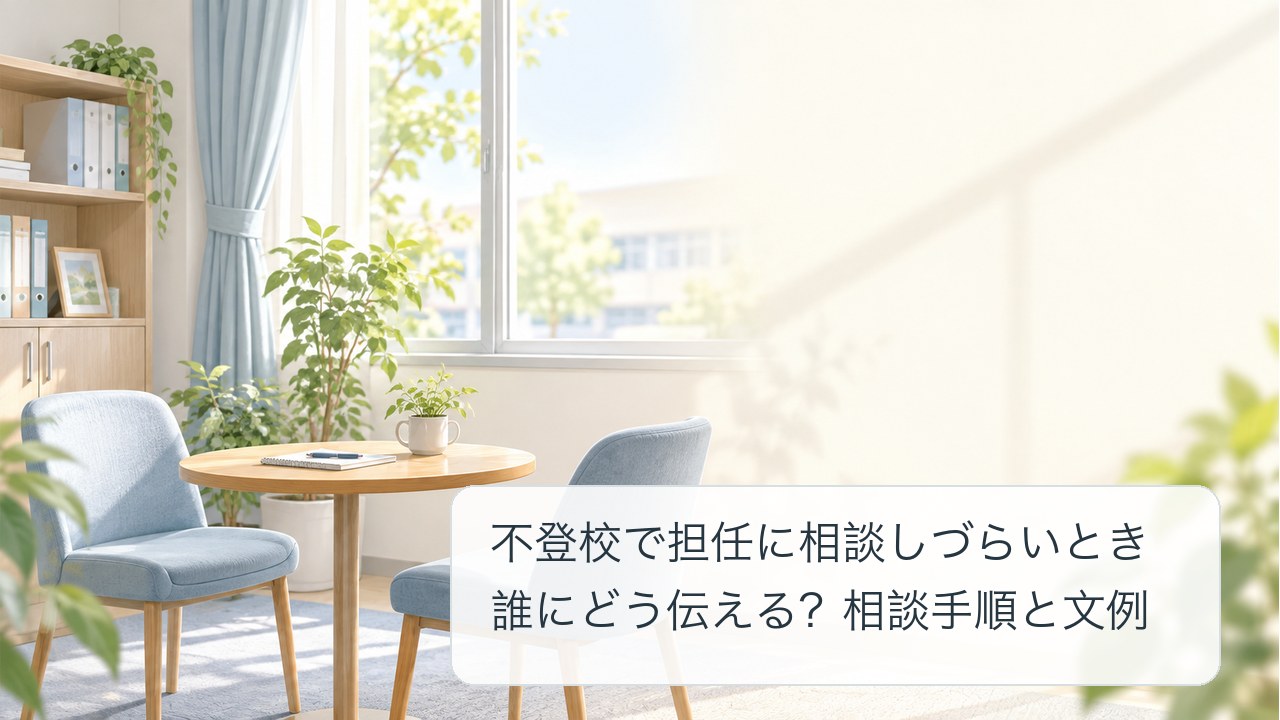 学校へ相談する保護者を想定した、無人の相談室の生成イラスト。実在の学校・施設の写真ではありません。