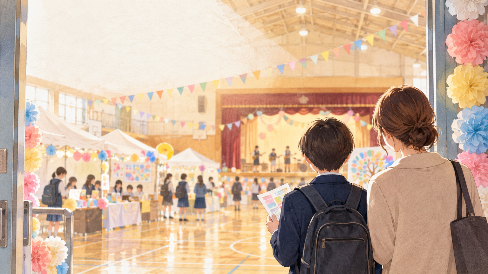 学校の文化祭会場を入口から見つめる子どもと保護者のイラスト。記事用に生成したイメージで、実際の学校や人物を写した写真ではありません。