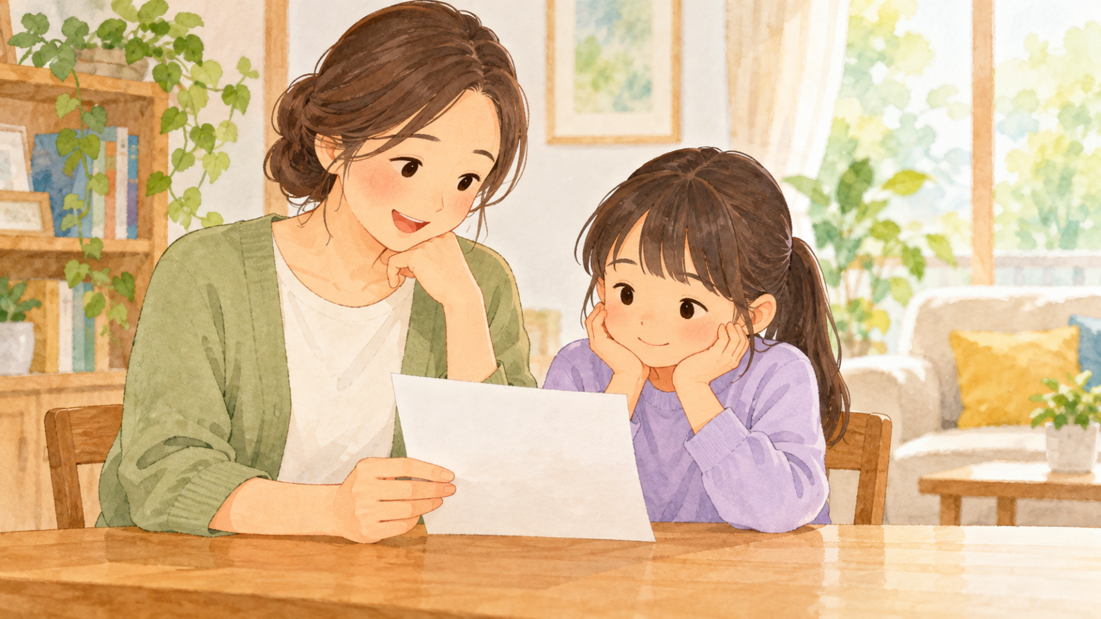 保護者と子どもが自宅で学校からの書類を見ながら、健康診断の相談について話し合う様子
