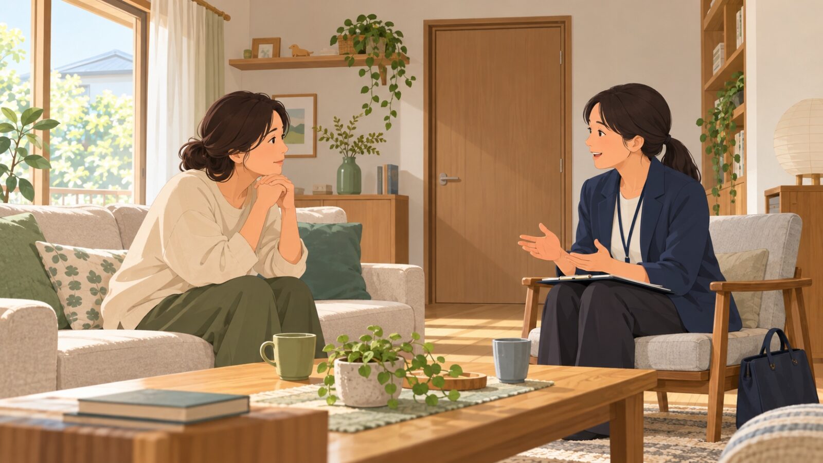 不登校の家庭訪問について保護者と教員が相談する様子を描いたイラスト