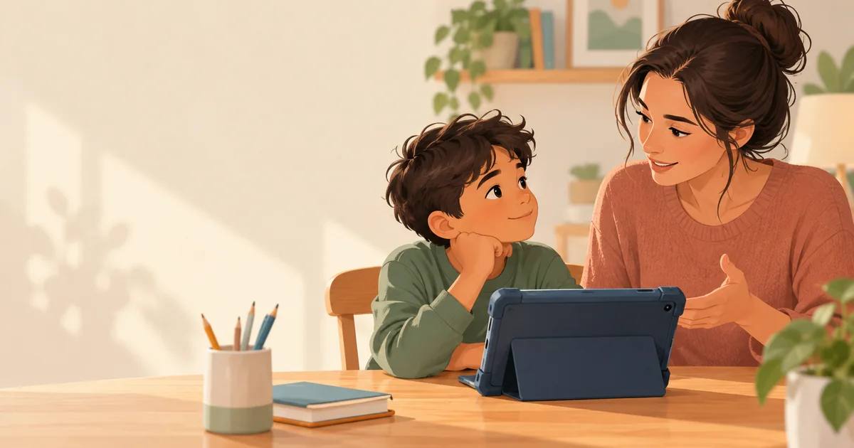保護者と子どもが自宅で学校貸与タブレットについて話し合うイラスト