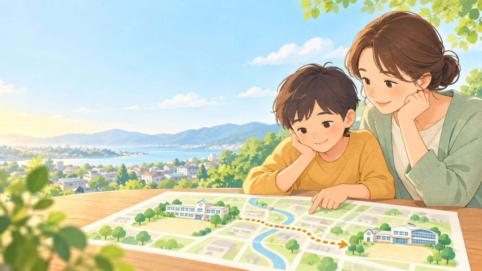保護者と子どもが地図を見ながら通学先を考える記事用イラスト