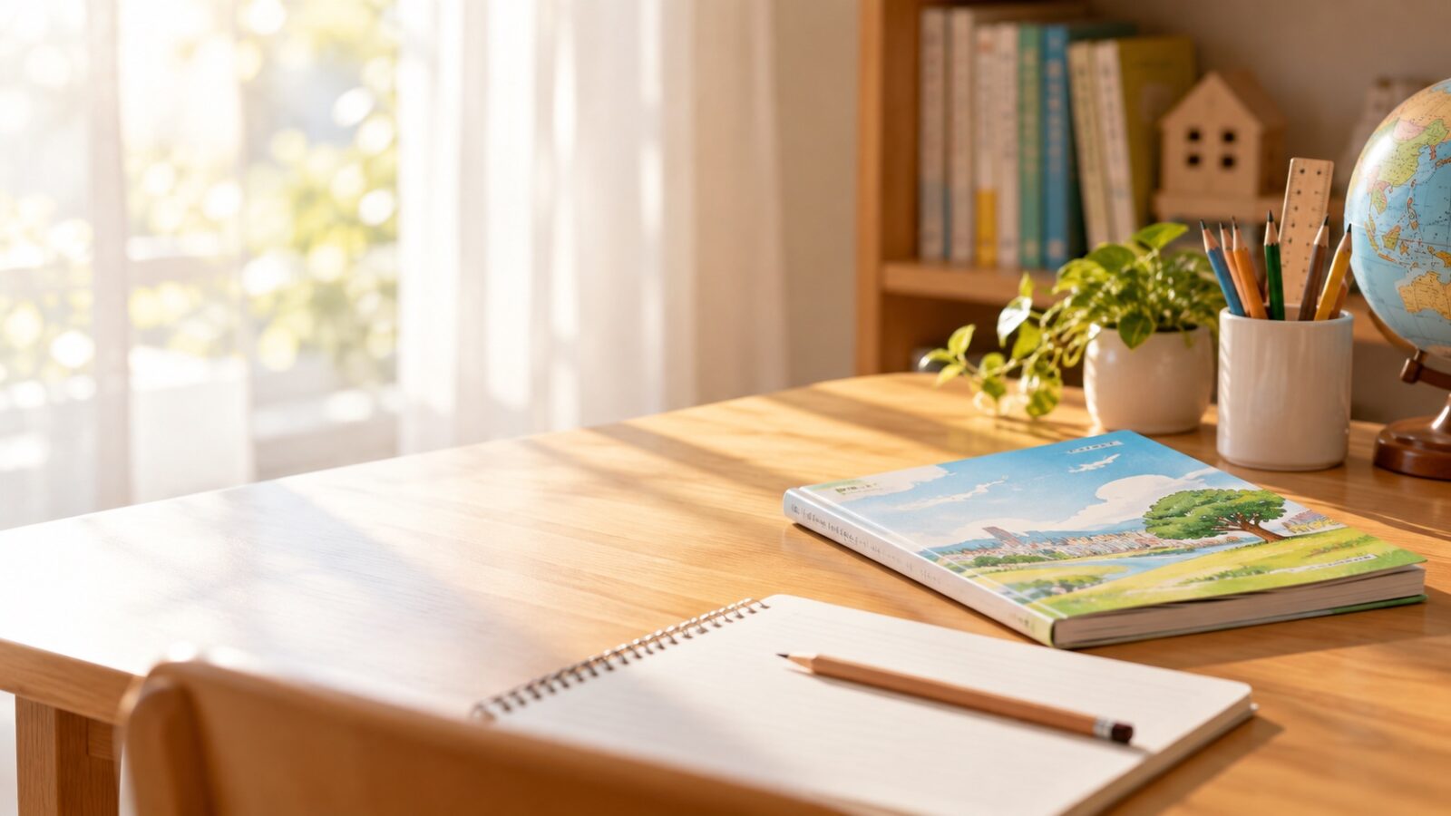 自宅の机に置かれた教科書とノート。学校を休んでいる子どもの家庭学習を表すイメージ