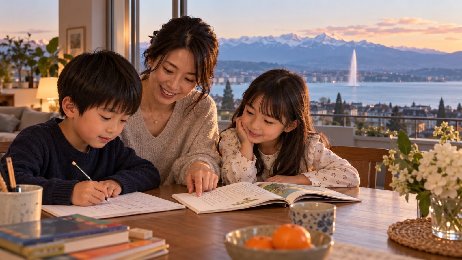 ジュネーブの自宅で親子が日本語の本と宿題に取り組むイメージ