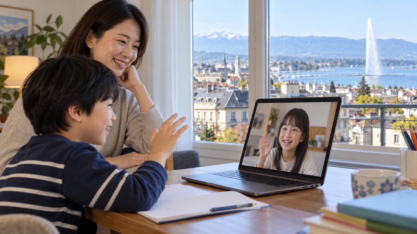 ジュネーブの自宅から日本の同世代とオンラインで会話するイメージ