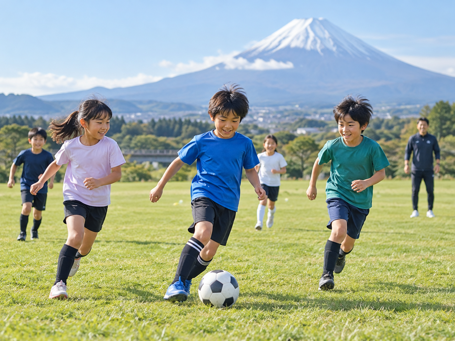 御殿場の自然と子どもの運動をイメージした生成画像。笑顔の日本人の小学生が広場でボールを追いかけています。実在するスポーツ教室の活動写真ではありません。