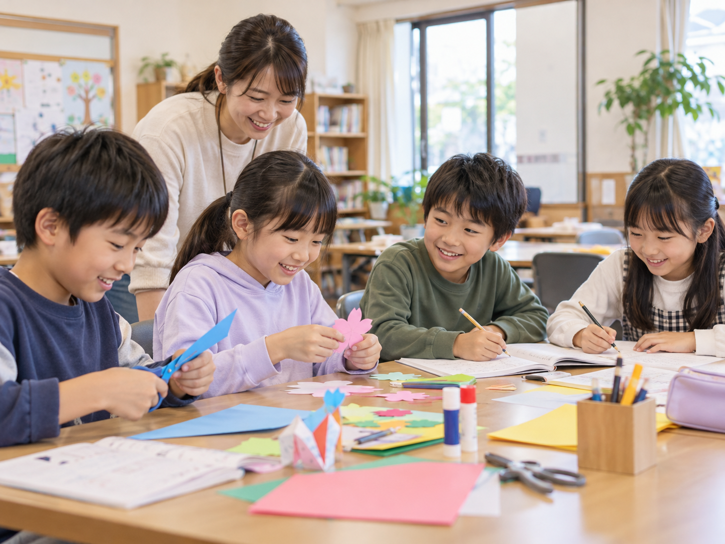 地域の学びの場をイメージした生成画像。日本人の小学生と大人が工作に取り組んでいます。御殿場市の実際の教室や参加者の写真ではありません。