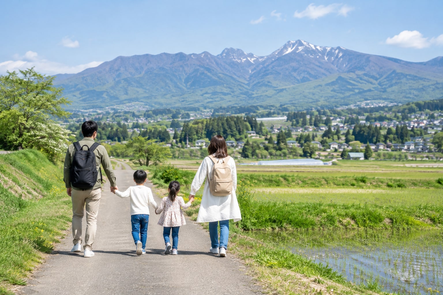 群馬県の緑豊かな屋外で過ごす家族のイメージ