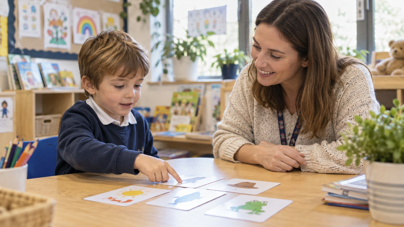 英語教室で先生とフォニックスに触れる子ども
