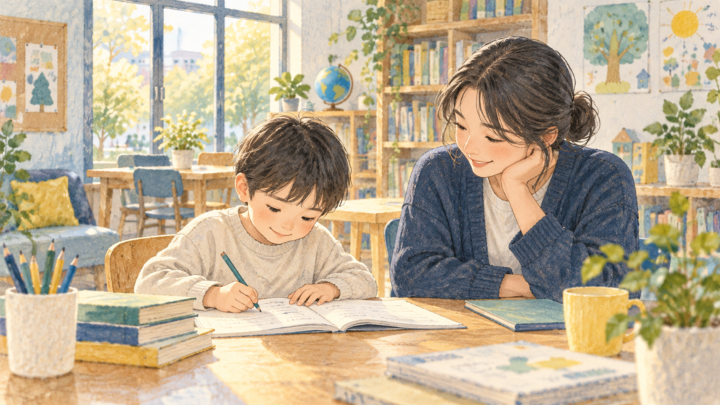 落ち着いた学習室で、子どもが大人の支援を受けながら学ぶイメージ