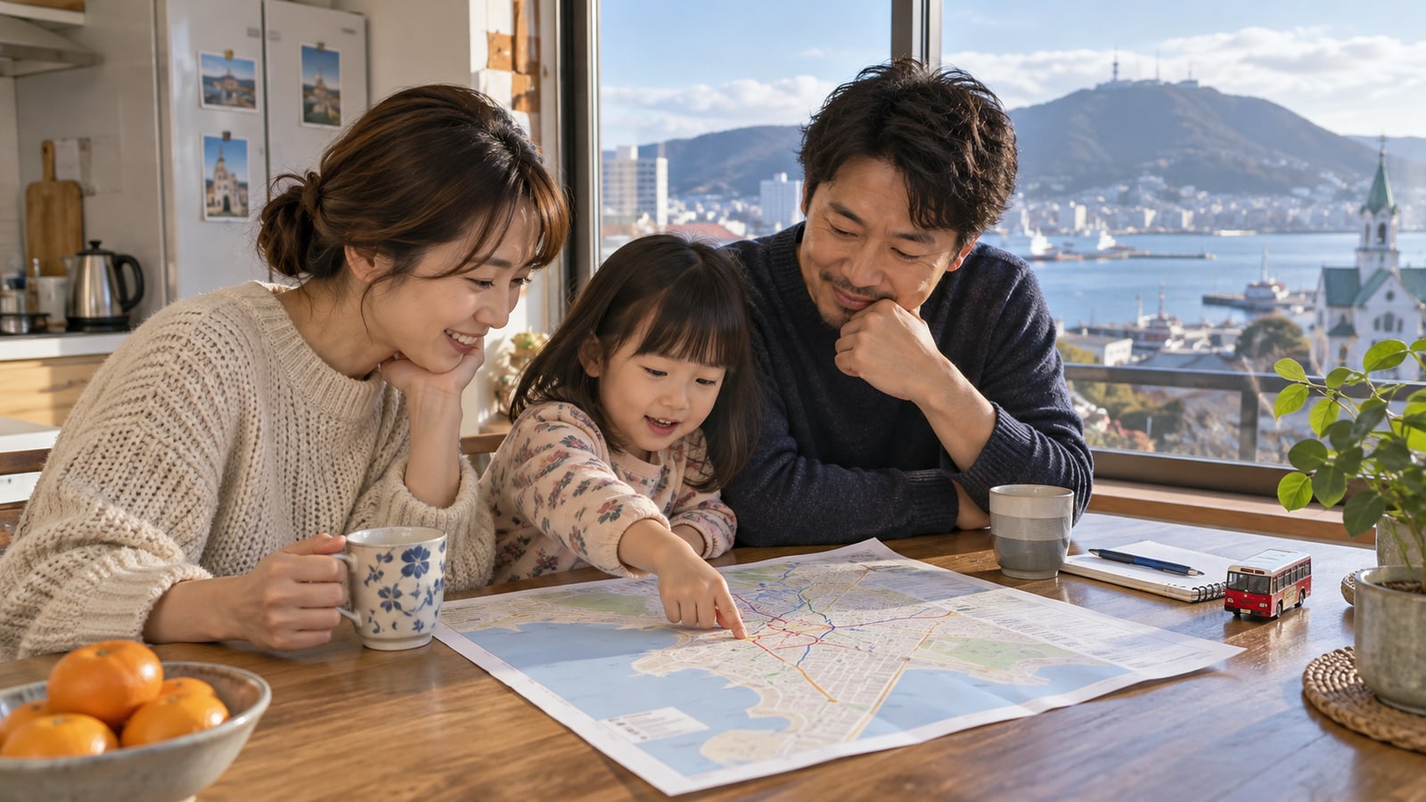 函館の家族が園への送迎経路を確認するイメージ