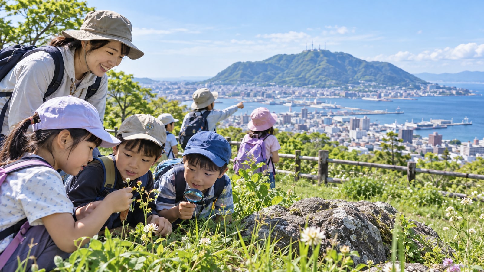 函館山と港を望む公園で子どもたちが自然観察をするイメージ