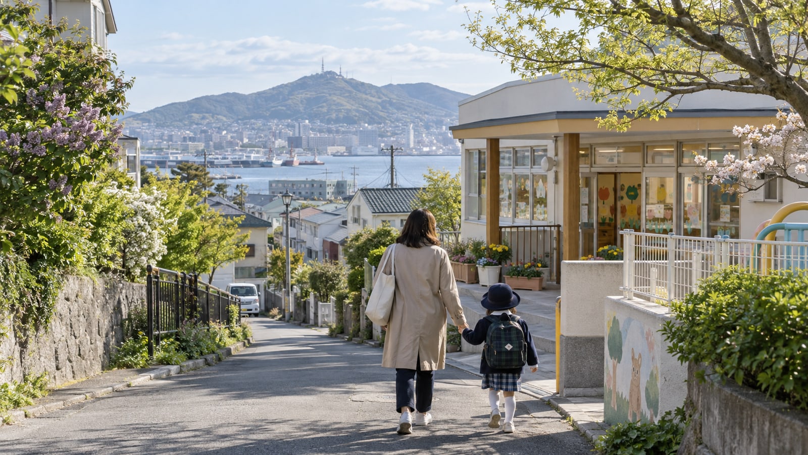 函館の住宅街で親子が幼児施設へ向かうイメージ