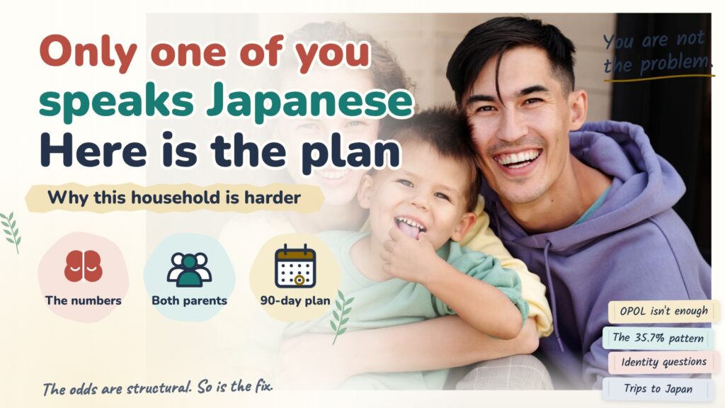 A smiling father and child, with the article title: Only one of you speaks Japanese, here is the plan