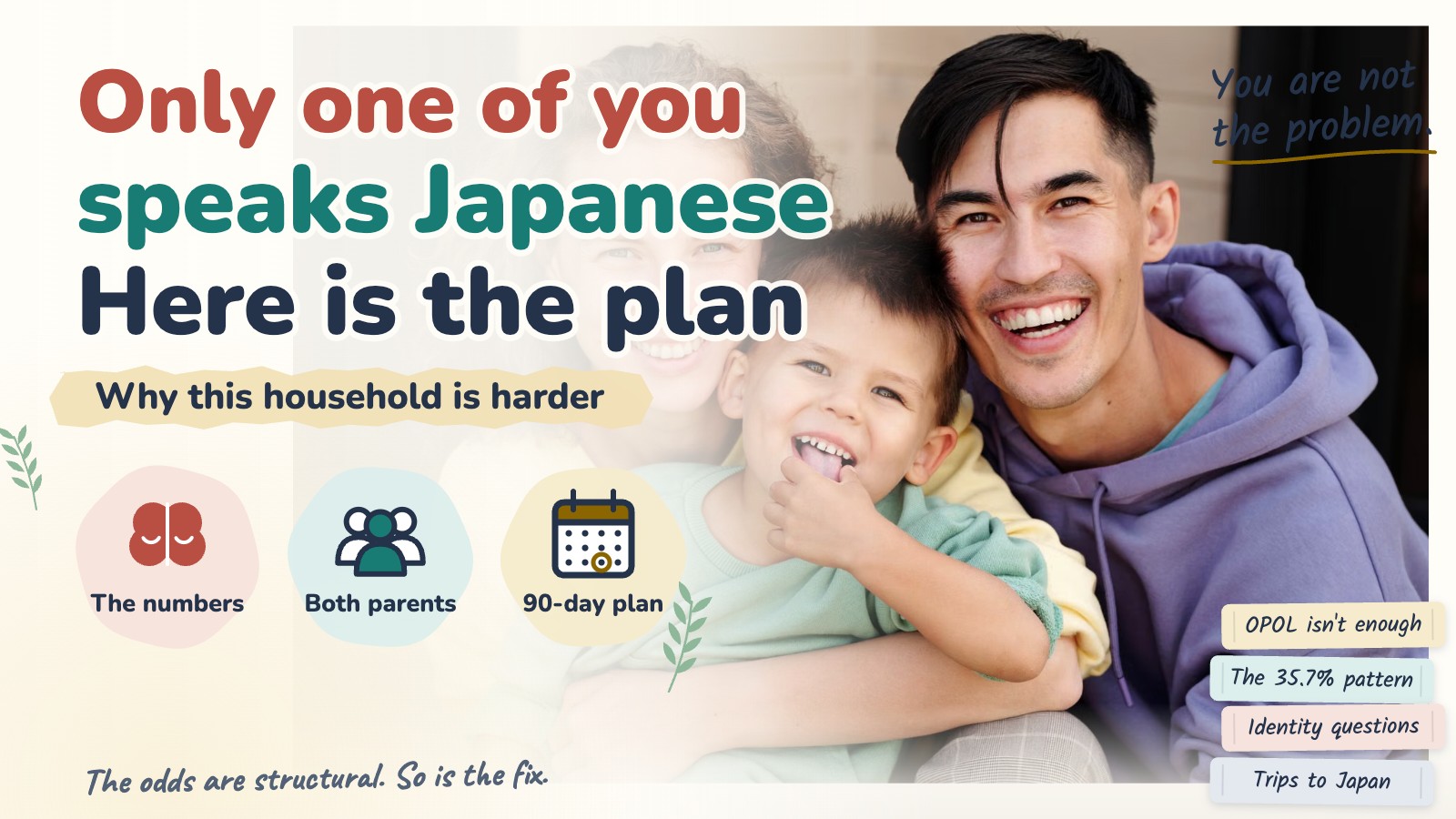 A smiling father and child, with the article title: Only one of you speaks Japanese, here is the plan