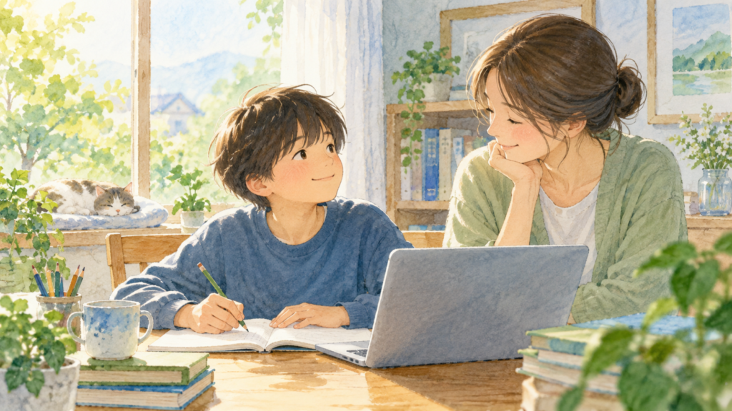 自宅でノートとパソコンを使って学ぶ子どもと、そばで見守る保護者のイメージ