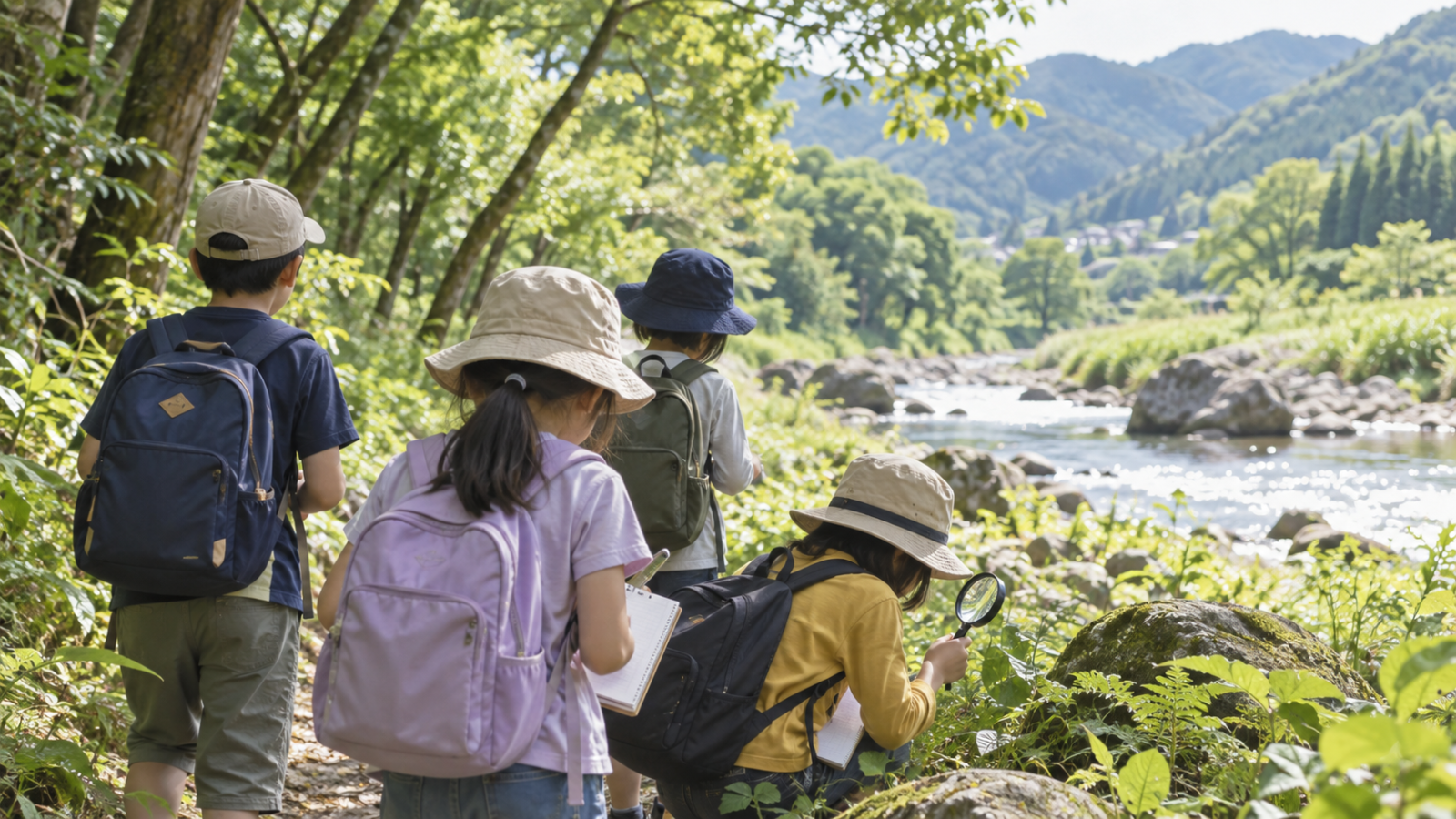 子どもたちが後ろ姿で森と川辺を歩く記事用イメージ写真。実在の人物・施設ではありません