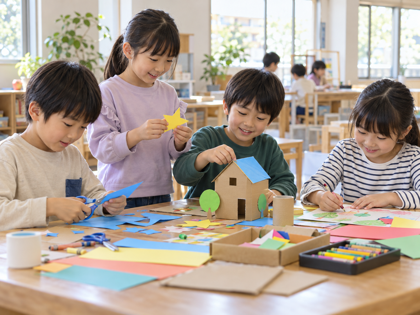 日本の子どもたちが地域の活動室で工作を楽しむ様子をイメージした生成画像。廿日市市内の実在施設や参加者を撮影した写真ではありません