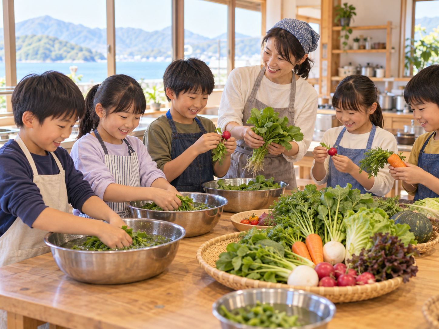 親子が地域の野菜について学びながら調理体験をする様子をイメージした生成画像。廿日市市の実在講座を撮影したものではありません