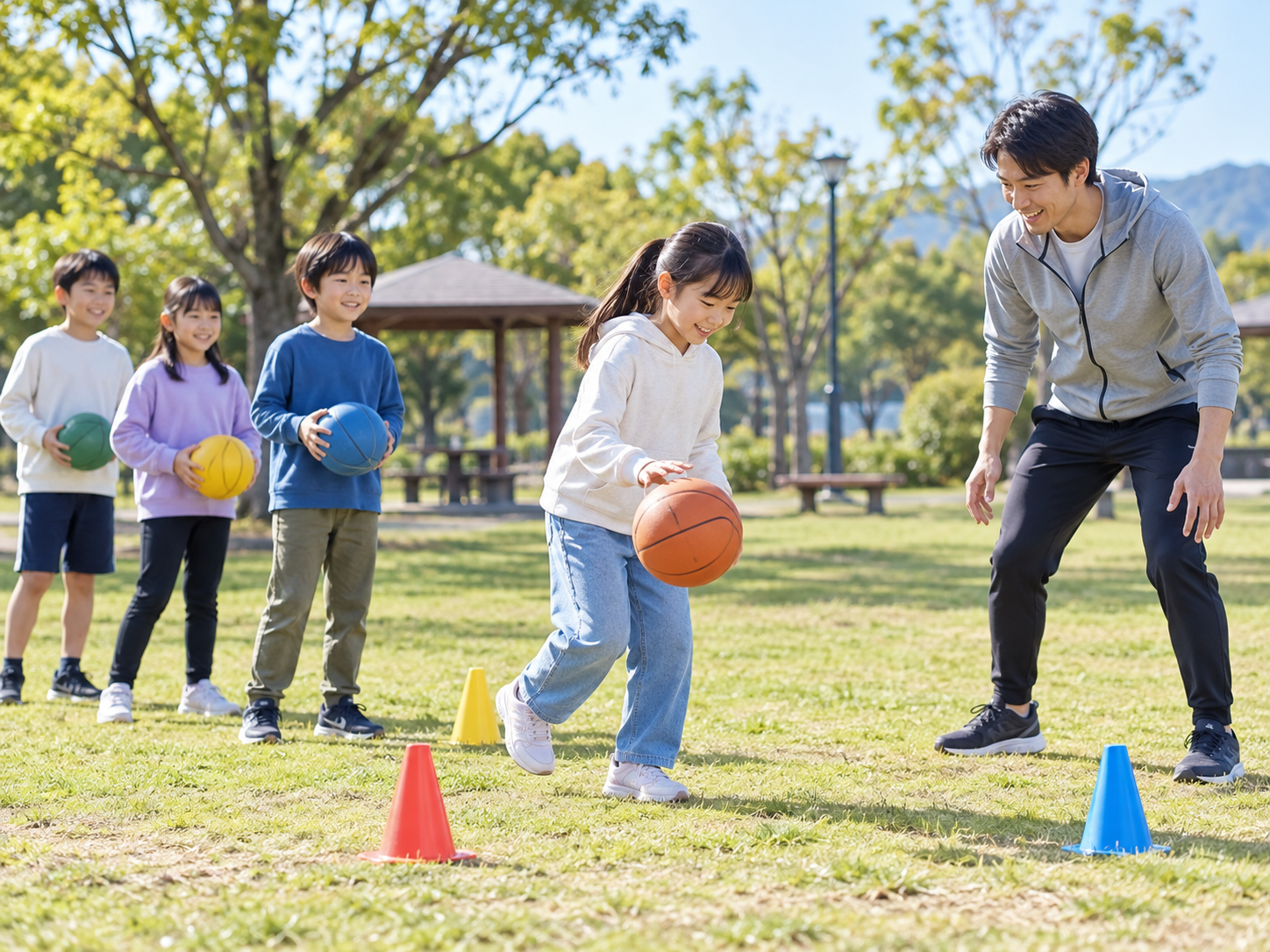 日本人の子どもたちが公園でボール運動に取り組む様子をイメージした生成画像。実在する廿日市市の教室やスポーツイベントの写真ではありません