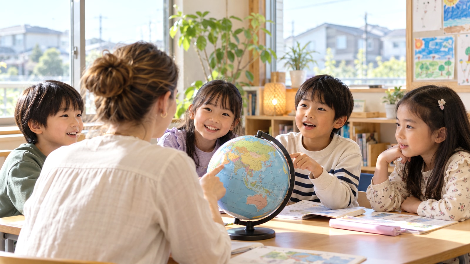 地球儀を囲んで英語を学ぶ少人数レッスンのイメージ